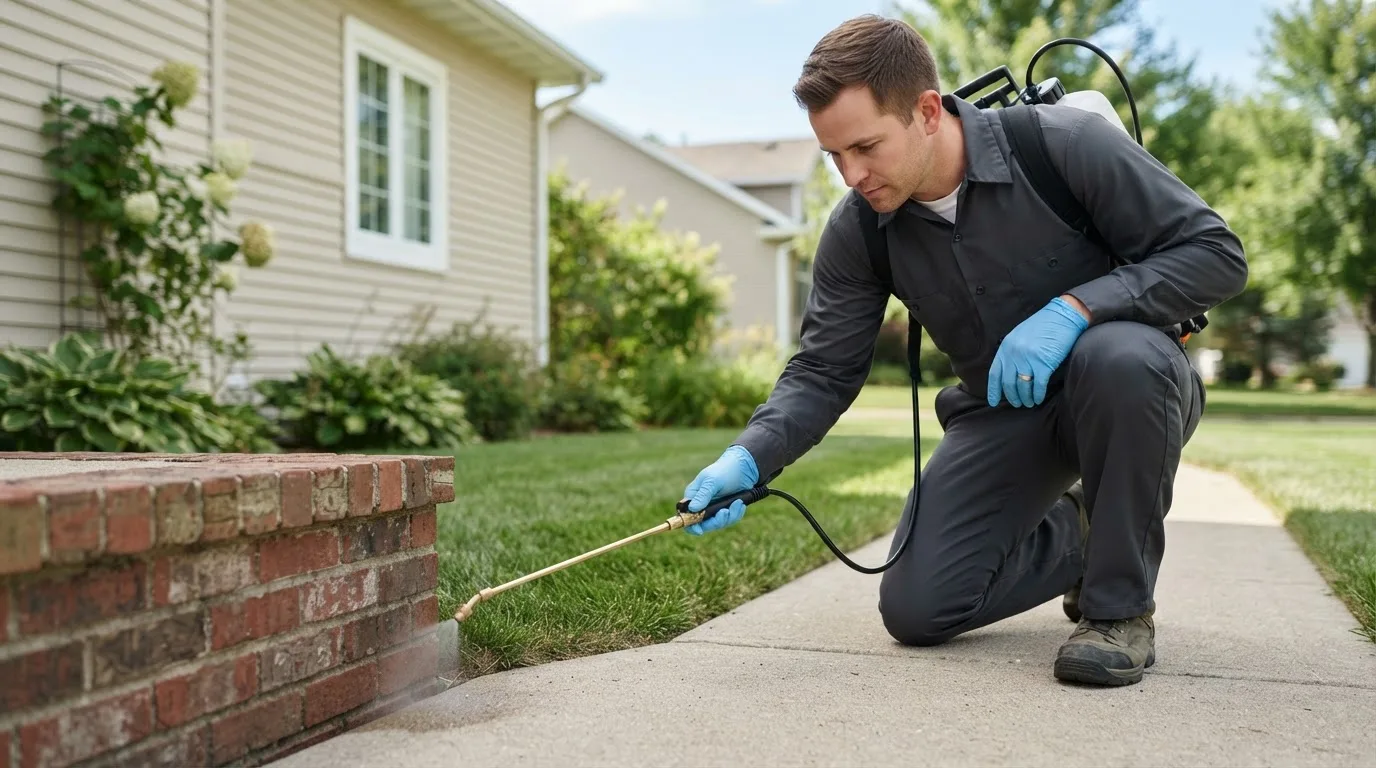 Pest control technician treating a home near Crowell, TX